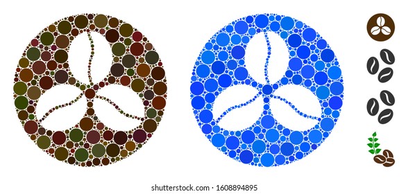 Coffee beans composition of round dots in different sizes and color tones, based on coffee beans icon. Vector round elements are united into blue illustration.