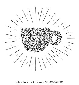 Coffee beans concept illustration. Coffee beans in cup. Hand drawn sketch. Black and white vector illustration. Concept for coffee design.