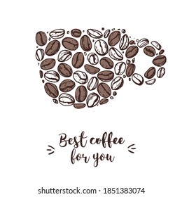 Coffee beans concept illustration. Coffee beans in cup. Hand drawn sketch. Black and white vector illustration. Concept for coffee design.