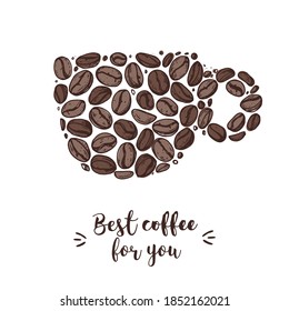 Coffee boans Concept Illustration. Kaffeebohnen in Tasse. Handgezeichnete Skizze. Vektorgrafik. Konzept für Kaffeedesign.