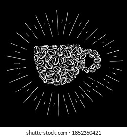 Ilustración conceptual de los granos de café. Granos de café en taza. Esbozo dibujado a mano. Ilustración vectorial en blanco y negro. Concepto de diseño de café.