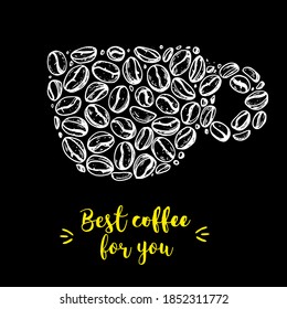 Ilustración conceptual de los granos de café. Granos de café en taza. Esbozo dibujado a mano. Ilustración vectorial en blanco y negro. Concepto de diseño de café.