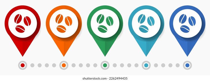Coffee beans concept vector icon set, flat design pointers, infographic template