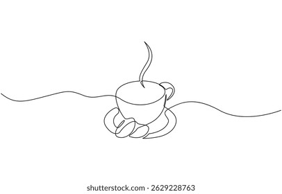 Coffee beans continuous one line drawing, Cup of coffee and coffee beans. Hot beverage. Aroma of coffee. Continuous line drawing.