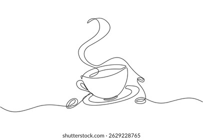 Coffee beans continuous one line drawing, Cup of coffee and coffee beans. Hot beverage. Aroma of coffee. Continuous line drawing.