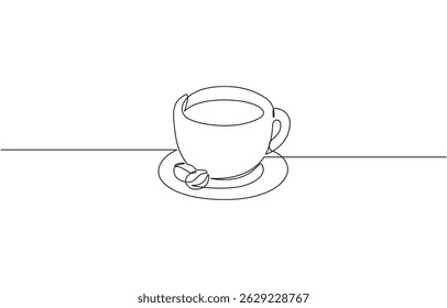 Coffee beans continuous one line drawing, Cup of coffee and coffee beans. Hot beverage. Aroma of coffee. Continuous line drawing.