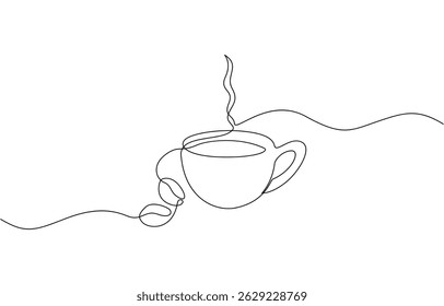 Coffee beans continuous one line drawing, Cup of coffee and coffee beans. Hot beverage. Aroma of coffee. Continuous line drawing.