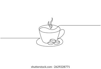 Coffee beans continuous one line drawing, Cup of coffee and coffee beans. Hot beverage. Aroma of coffee. Continuous line drawing.
