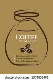 Coffee beans. Contour logo of coffee in bottle. Composition of brown coffee beans. Vector illustration