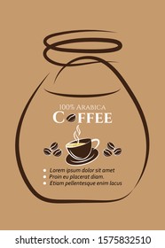 Coffee beans. Contour logo of coffee in bottle. Composition of brown coffee and cup of coffee with saucer. Vector illustration