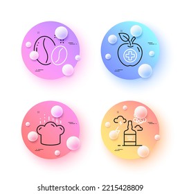 Coffee beans, Cooking hat and Alcohol addiction minimal line icons. 3d spheres or balls buttons. Medical food icons. For web, application, printing. Roasted seeds, Chef, Confused mind. Apple. Vector