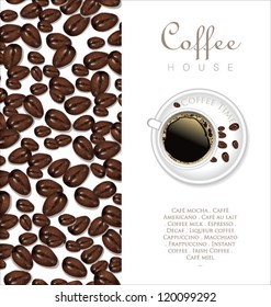 Coffee beans and cup of coffee background isolated on white vector illustration