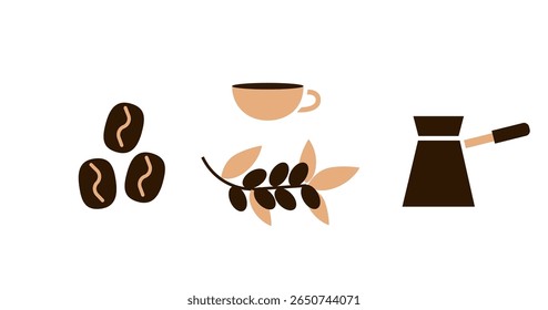 Coffee beans, coffee cup, branch with leaves and cezve pot.