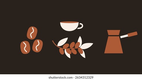Coffee beans, cup, cezve pot, and coffee branch with leaves and berries. Flat vector illustration on dark background. 