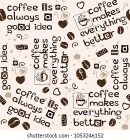 coffee beans, cup, hearts and lettering seamless pattern