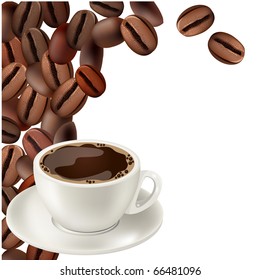 Coffee beans and cup of hot coffee