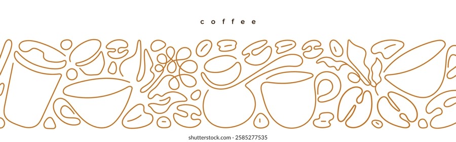 Coffee beans, cup of hot drink. Modern geometric backdrop in simple line style. Vector art illustration for food package, menu, flyer design. Graphic horizontal art border