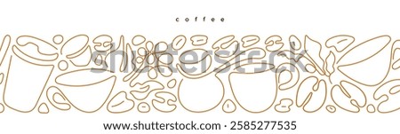 Coffee beans, cup of hot drink. Modern geometric backdrop in simple line style. Vector art illustration for food package, menu, flyer design. Graphic horizontal art border