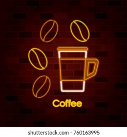 coffee beans and coffee cup on neon sign on brick wall