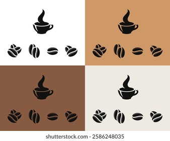 Coffee beans and coffee cup with steam. Hot drink vector illustration. Vintage style icon 