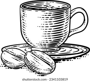 Coffee beans and cup in a vintage retro woodcut engraved illustration style.