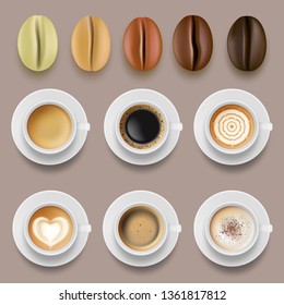 Coffee beans and cups. Hot drinks arabica coffee roast agricultural vector collection
