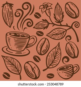 Coffee beans, cups and leaves seamless pattern