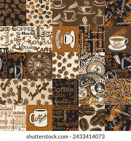 Kaffeebohnen Tassen und Mag Typografie Schriftzug Patchwork Tapete Abstrakte Vintage Vektor nahtlose Muster für Stoff Wrapping Karte Druck Papier Tischdecke Kissen