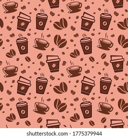 Coffee beans and cups seamless pattern. Vector illustration