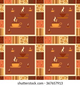 Coffee beans, coffee cups and steam over coffee