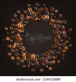 Coffee beans decoration element. Circle frame from realistic coffee beans with space for text.