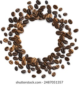 Coffee beans decoration element. Circle frame from realistic coffee beans with space for text.