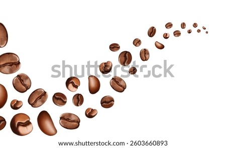 Coffee beans decoration element. Curve from flying realistic coffee beans. Coffee grains wave on white background. Roasted grains, brazilian arabica seeds, morning drink