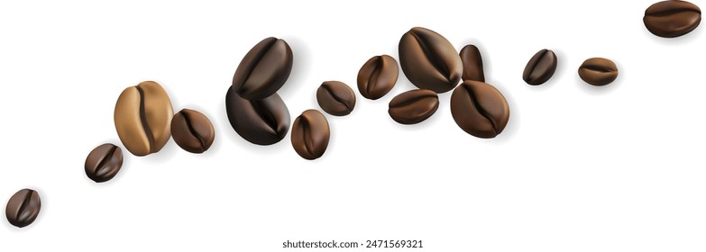 Coffee beans decoration element. Divider from flying realistic coffee beans.