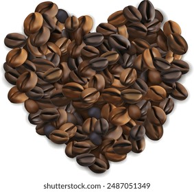 Coffee beans decoration element. Heart shape from realistic coffee beans.