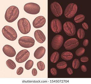 Coffee beans. Design set. Hand drawn engraving. Editable vector vintage illustration. Isolated on light and dark backgrounds. 8 EPS 