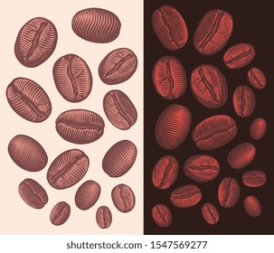 Coffee beans. Design set. Hand drawn engraving. Editable vector vintage illustration. Isolated on light and dark background. 8 EPS 