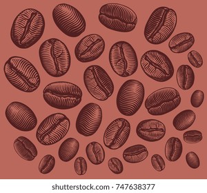 Coffee beans. Design set. Hand drawn engraving. Vector vintage illustration. Isolated on color background. 8 EPS