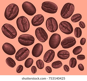 Coffee beans. Design set. Hand drawn engraving. Vector vintage illustration. Isolated on color background. 8 EPS