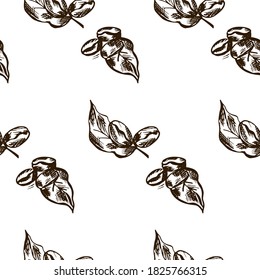 Kaffeebohnen doodle Muster. Nahtloses Bild auf weißem Hintergrund. Vektorgrafik.