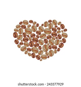 Coffee beans doodle in a shape of heart vector greeting card illustration