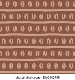 Coffee beans and doodle style stripes, streaks, bars, lines seamless repeat pattern. Simple, stylized flat design striped regular texture, template for coffee house. Shades of brown vector background.