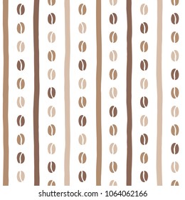 Coffee beans and doodle style vertical stripes, streaks, bars, lines seamless repeat pattern. Simple flat design striped regular texture, template for coffee house. Shades of brown vector background.