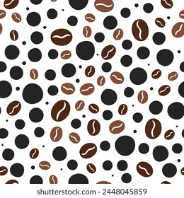 Coffee beans and dots pattern. Brown roasted coffee beans and black dots isolated on white background. Vector seeamless pattern.