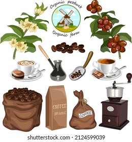 Coffee beans and drinks.Coffee beans in a bag, coffee in cups and coffee makers on a transparent background in color vector illustration.