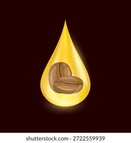 Granos de café en la cafeína de la gota que brilla oro anaranjado sobre fondo marrón oscuro. Para el diseño de productos de suplementos dietéticos. Vector 3D.