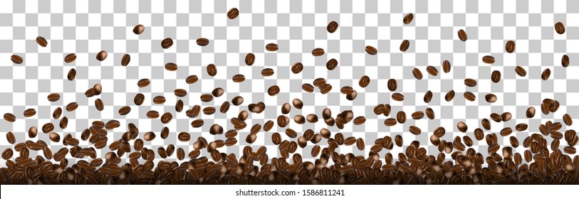 Coffee beans dropping in to pile isolated on transparent background.