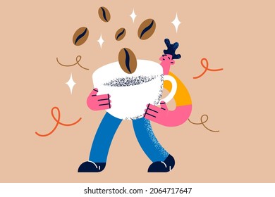 Coffee beans and Energy concept. Young smiling man cartoon character barista walking holding huge coffee beans in cup vector illustration 
