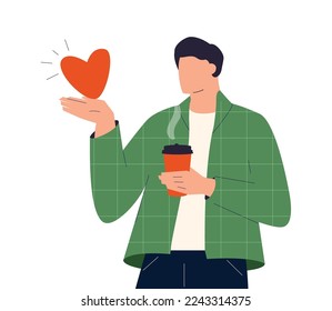Coffee beans and Energy concept. Young smiling man cartoon character barista walking holding huge coffee beans in cup vector illustration. Coffee lover, hot drink, cafe and restaurant advertising