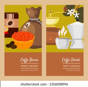 Coffee beans and equipment banner vector illustration. It s coffee time. Organic coffee. Always fresh and natural. Barista equipment such as espresso,coffee beans coffee pot.